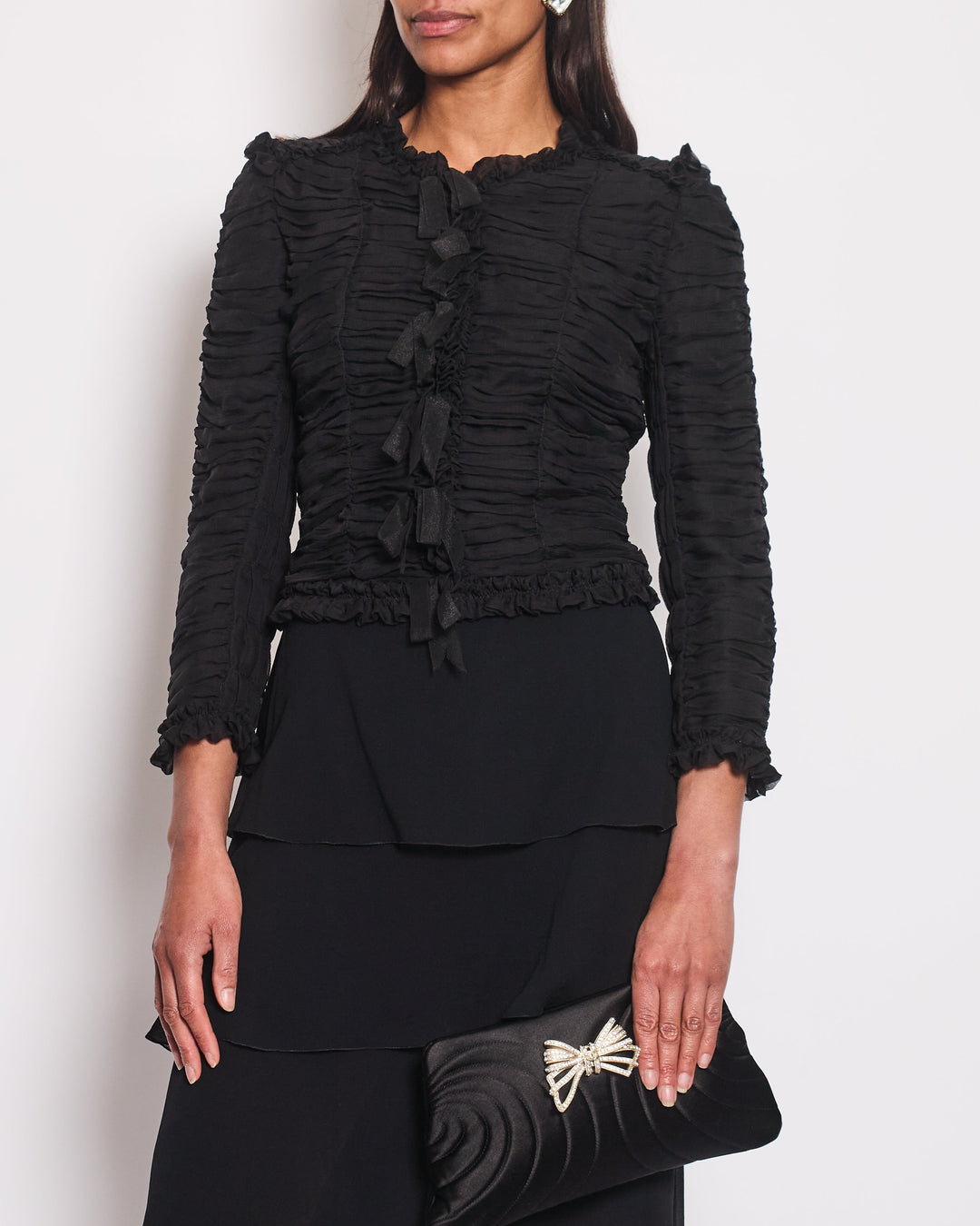 Top Quality Chanel 06A Black Ruched Long Sleeve Silk Blouse with Bows Detail FR 38 (UK 10)
