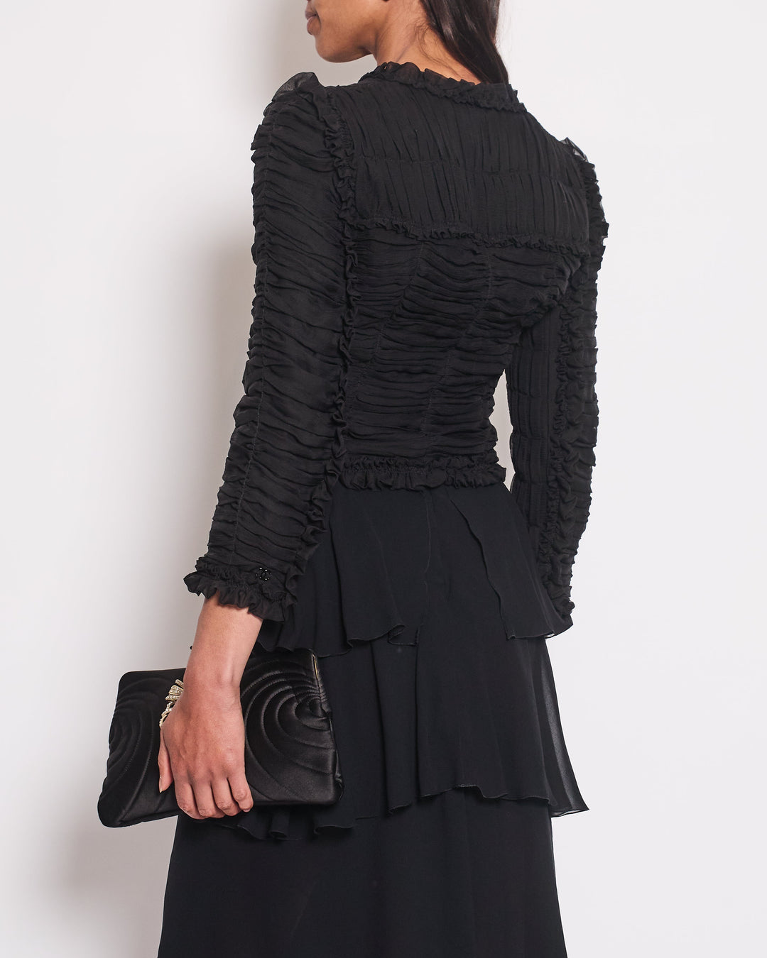 Top Quality Chanel 06A Black Ruched Long Sleeve Silk Blouse with Bows Detail FR 38 (UK 10)