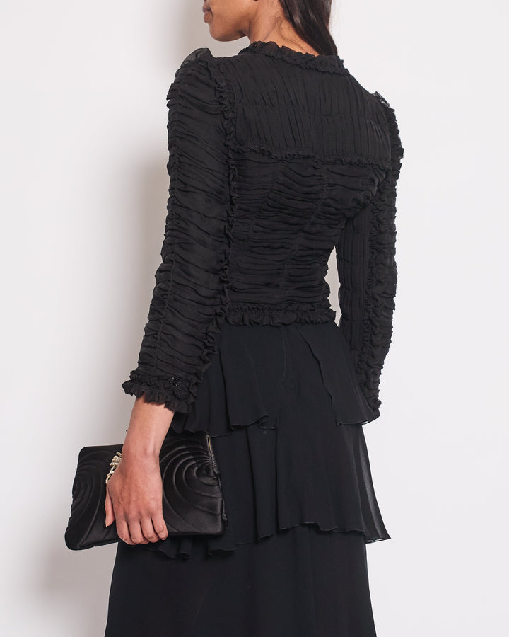 Top Quality Chanel 06A Black Ruched Long Sleeve Silk Blouse with Bows Detail FR 38 (UK 10)
