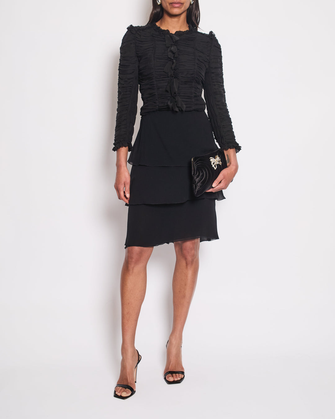 Top Quality Chanel 00T Ruffled Black Silk Midi Skirt Size FR 42 (UK 14)