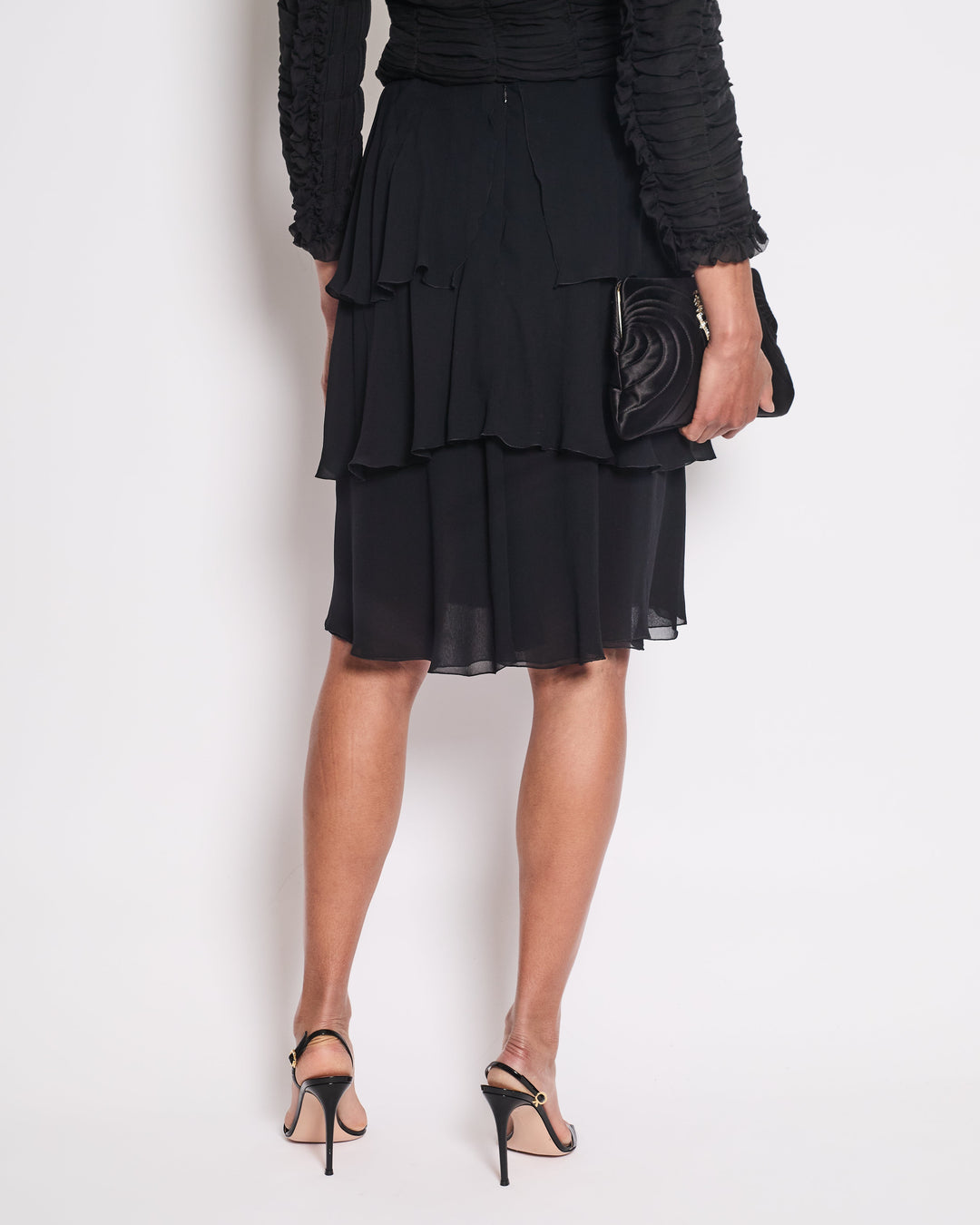 Top Quality Chanel 00T Ruffled Black Silk Midi Skirt Size FR 42 (UK 14)