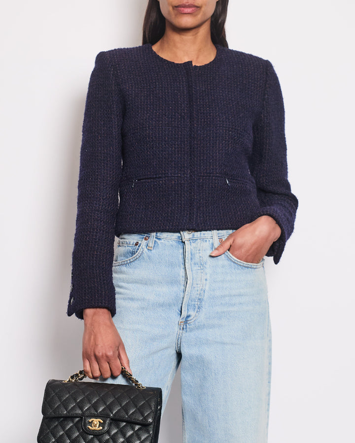 Top Quality Chanel 02A Bright Navy & Brown Multicolour Tweed Long Sleeve Jacket with Blue Buttons Detail Size FR 38 (UK 10)