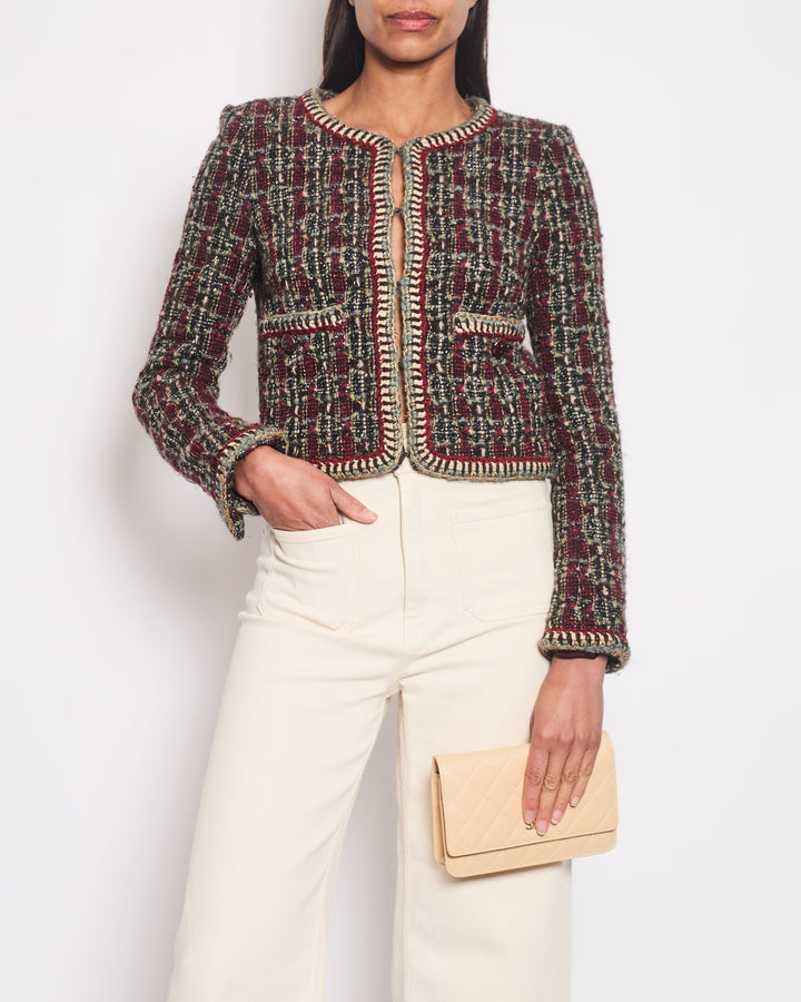 *HOT* Top Quality Chanel 15K Burgundy & Green Multicolour Wool Tweed Jacket With Burgundy CC Buttons Detail Size FR 36 (UK 8)
