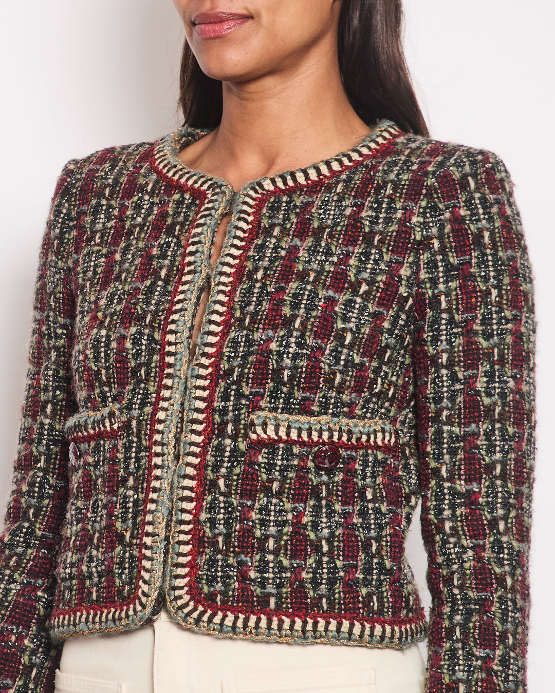 *HOT* Top Quality Chanel 15K Burgundy & Green Multicolour Wool Tweed Jacket With Burgundy CC Buttons Detail Size FR 36 (UK 8)