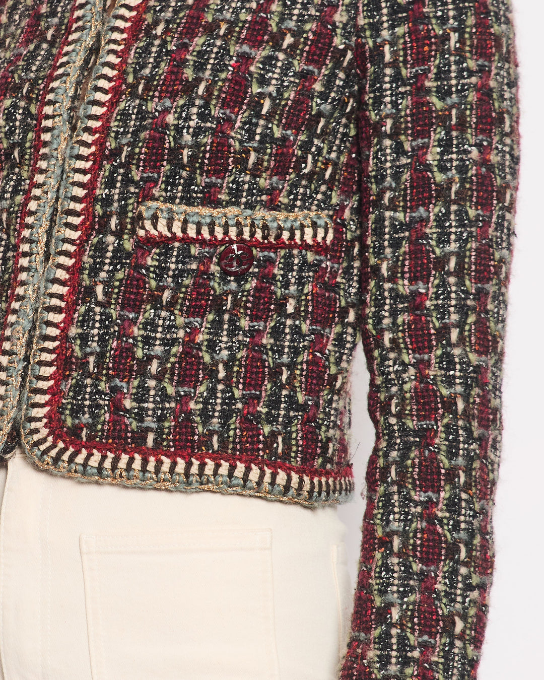 *HOT* Top Quality Chanel 15K Burgundy & Green Multicolour Wool Tweed Jacket With Burgundy CC Buttons Detail Size FR 36 (UK 8)