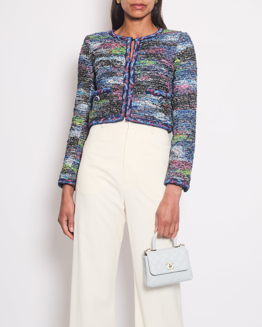 Top Quality Chanel Electric Blue & Multicolour Tweed Jacket With Blue & Gold CC Buttons Detail Size FR 34 (UK 6)