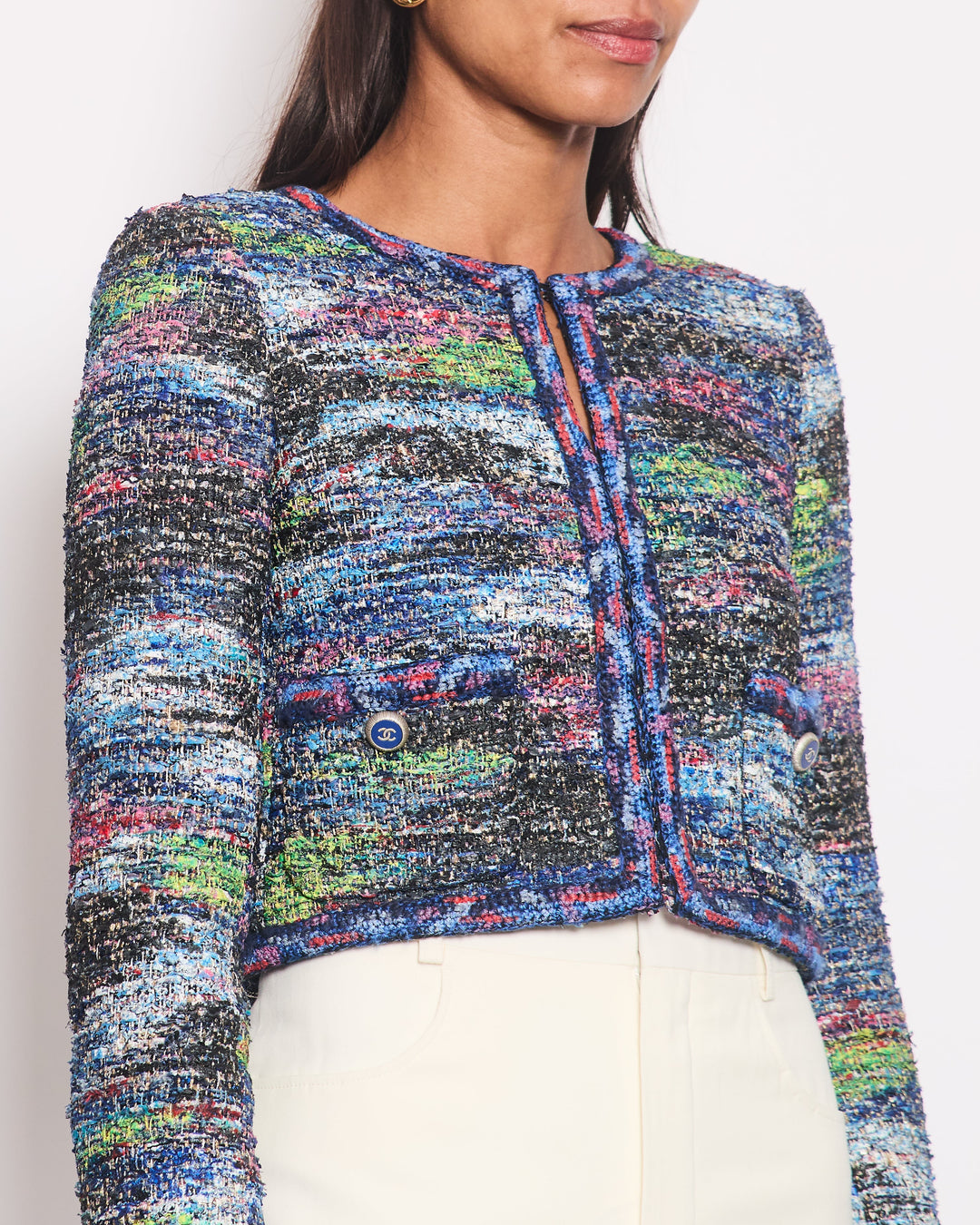 Top Quality Chanel Electric Blue & Multicolour Tweed Jacket With Blue & Gold CC Buttons Detail Size FR 34 (UK 6)