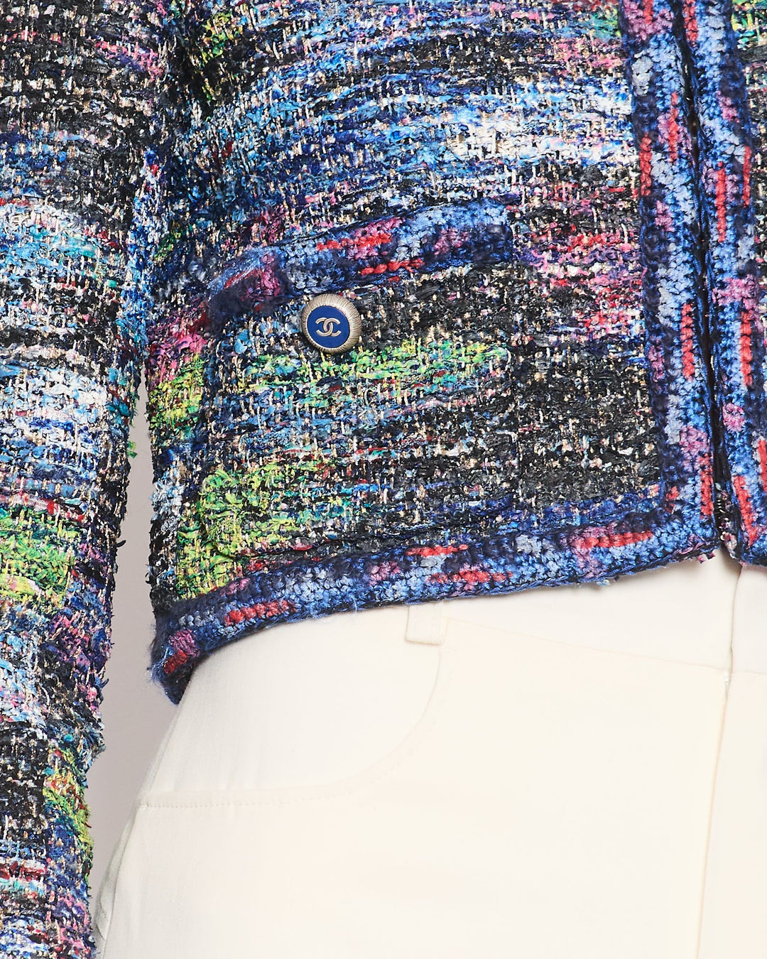 Top Quality Chanel Electric Blue & Multicolour Tweed Jacket With Blue & Gold CC Buttons Detail Size FR 34 (UK 6)