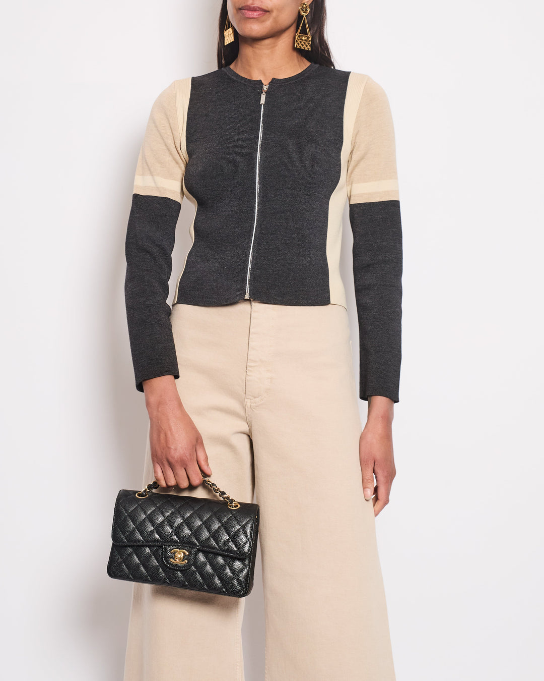 Top Quality Chanel 00A Dark Grey & Beige Zip-Up Jumper with Long Sleeve Size FR 36 (UK 8)