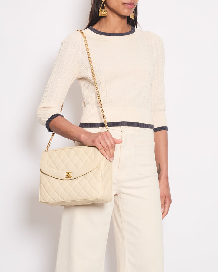 Top Quality Chanel Cream Knitted Long Sleeve igan With Dark Grey Trim and Gold Buttons Details Size FR 38 (UK 10)