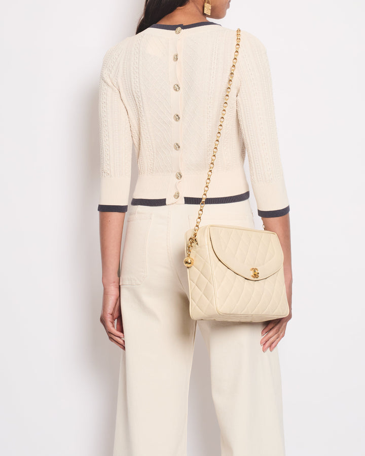 Top Quality Chanel Cream Knitted Long Sleeve igan With Dark Grey Trim and Gold Buttons Details Size FR 38 (UK 10)