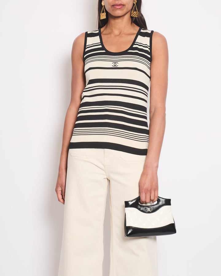 Top Quality Chanel Black & Cream Striped Sleeveless Top with CC Detail FR 36 (UK 8)