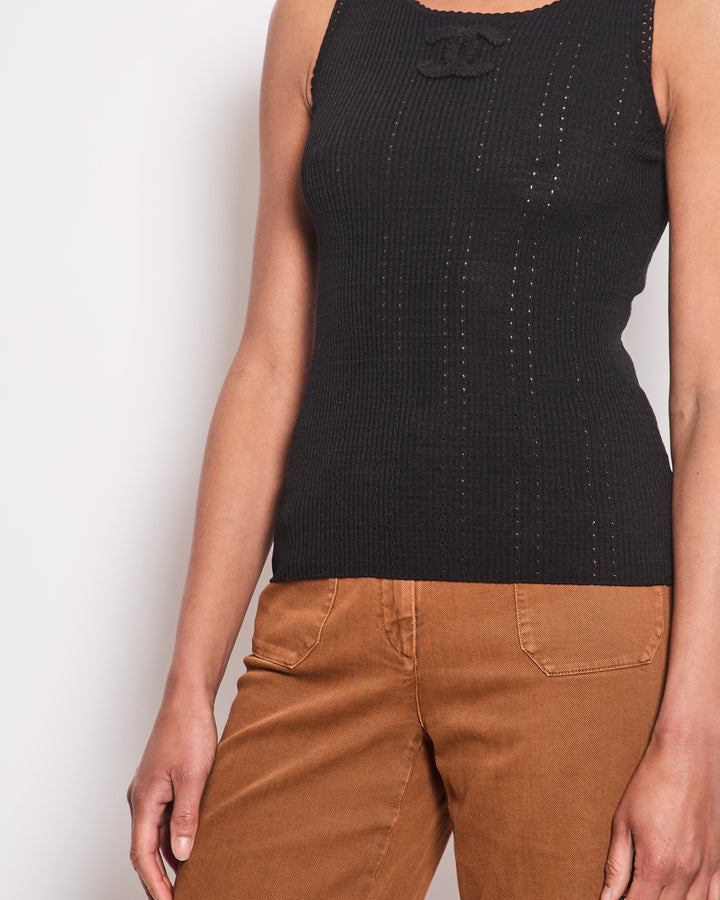 Top Quality Chanel 09P Black Sleeveless T-Shirt with Large Knitted CC Logo Detail Size FR 36 (UK 8)