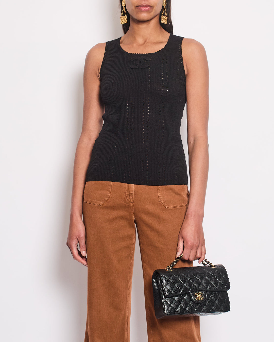 Top Quality Chanel 09P Black Sleeveless T-Shirt with Large Knitted CC Logo Detail Size FR 36 (UK 8)