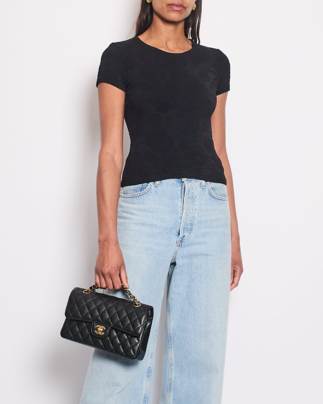 Top Quality Chanel Black Stretch Short Sleeve T-Shirt with CC Logo & Cammelia Details Size FR 36 (UK 8)