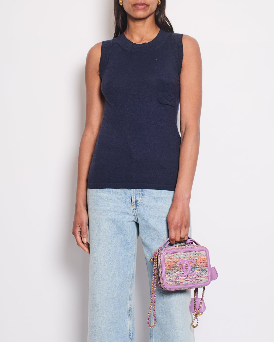 Top Quality Chanel Navy Cashmere Fine Knit Sleeveless Top With Camelia Pocket Detail FR 36 (UK 8)