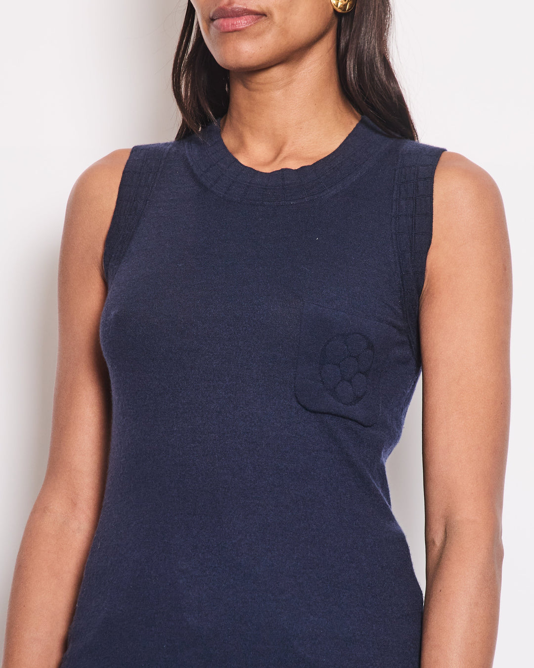 Top Quality Chanel Navy Cashmere Fine Knit Sleeveless Top With Camelia Pocket Detail FR 36 (UK 8)