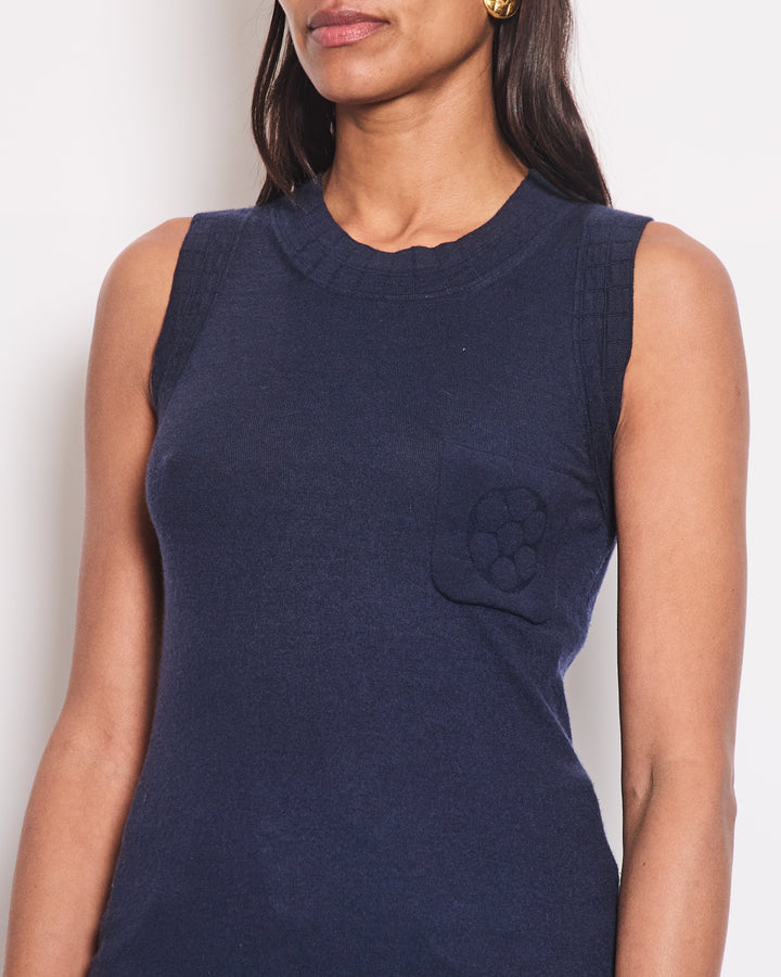 Top Quality Chanel Navy Cashmere Fine Knit Sleeveless Top With Camelia Pocket Detail FR 36 (UK 8)