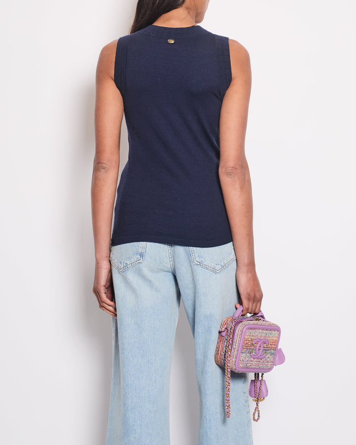 Top Quality Chanel Navy Cashmere Fine Knit Sleeveless Top With Camelia Pocket Detail FR 36 (UK 8)