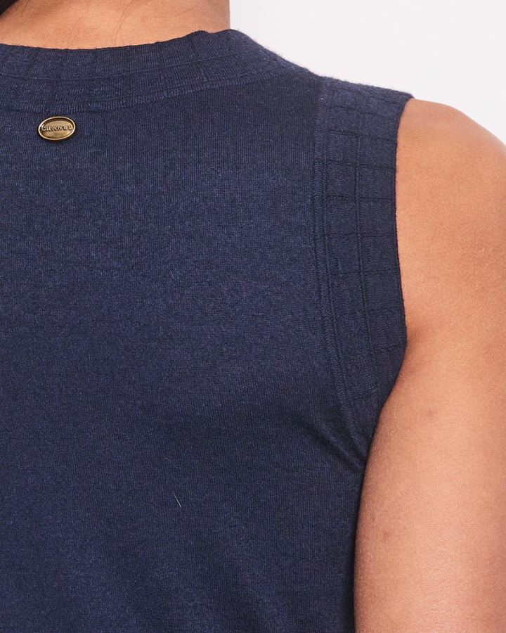 Top Quality Chanel Navy Cashmere Fine Knit Sleeveless Top With Camelia Pocket Detail FR 36 (UK 8)