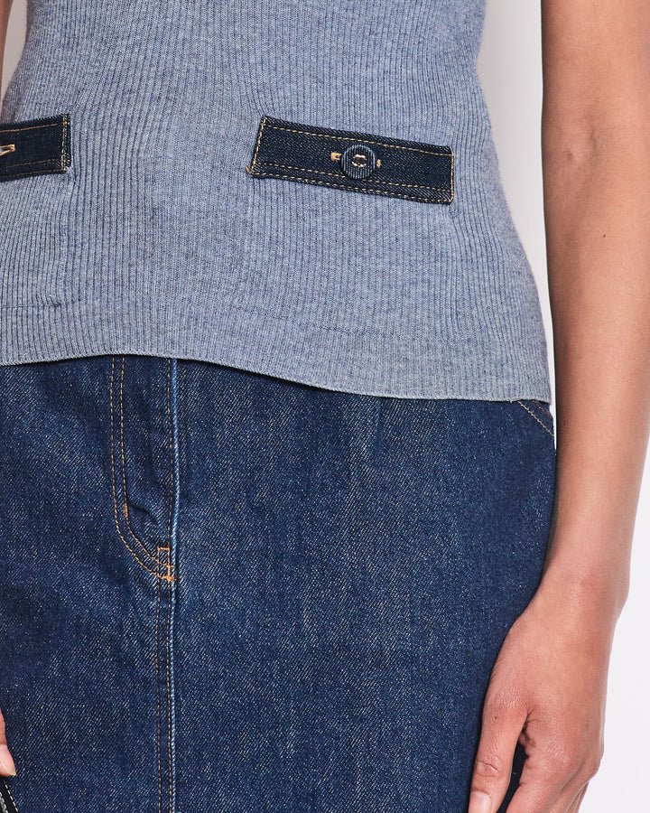 *HOT & RARE* Chanel 07P Blue Sleeveless Top and igan Set with Denim Detail and CC Buttons Size FR 36/38 (UK 8/10)