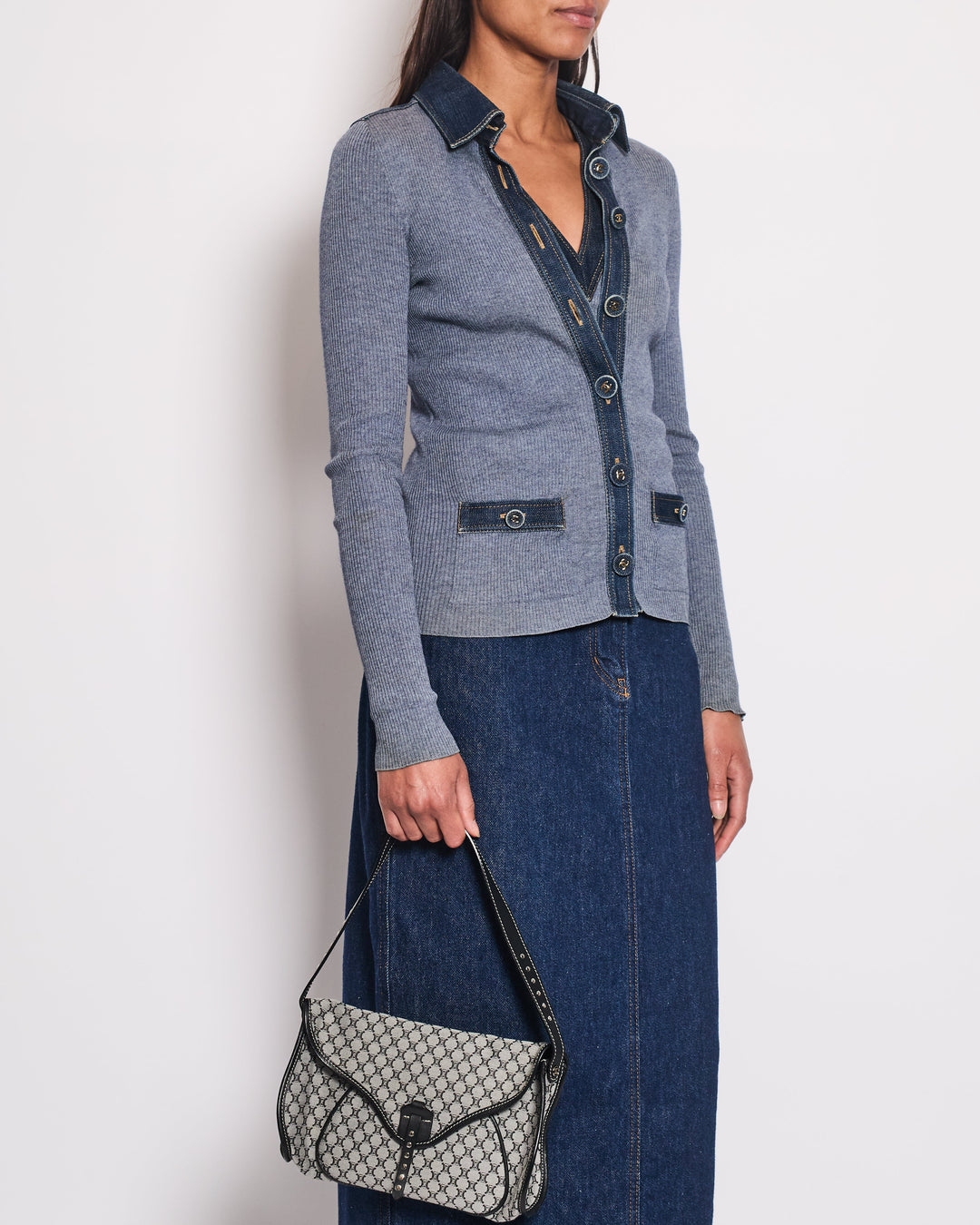 *HOT & RARE* Top Quality Chanel 07P Blue Sleeveless Top and igan Set with Denim Detail and CC Buttons Size FR 36/38 (UK 8/10)