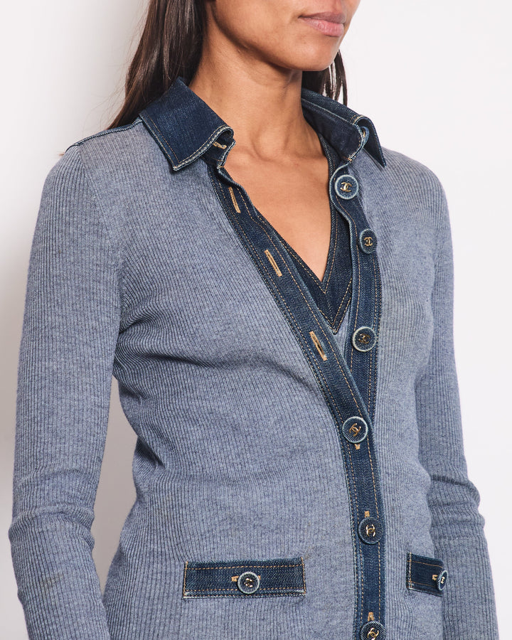 *HOT & RARE* Top Quality Chanel 07P Blue Sleeveless Top and igan Set with Denim Detail and CC Buttons Size FR 36/38 (UK 8/10)