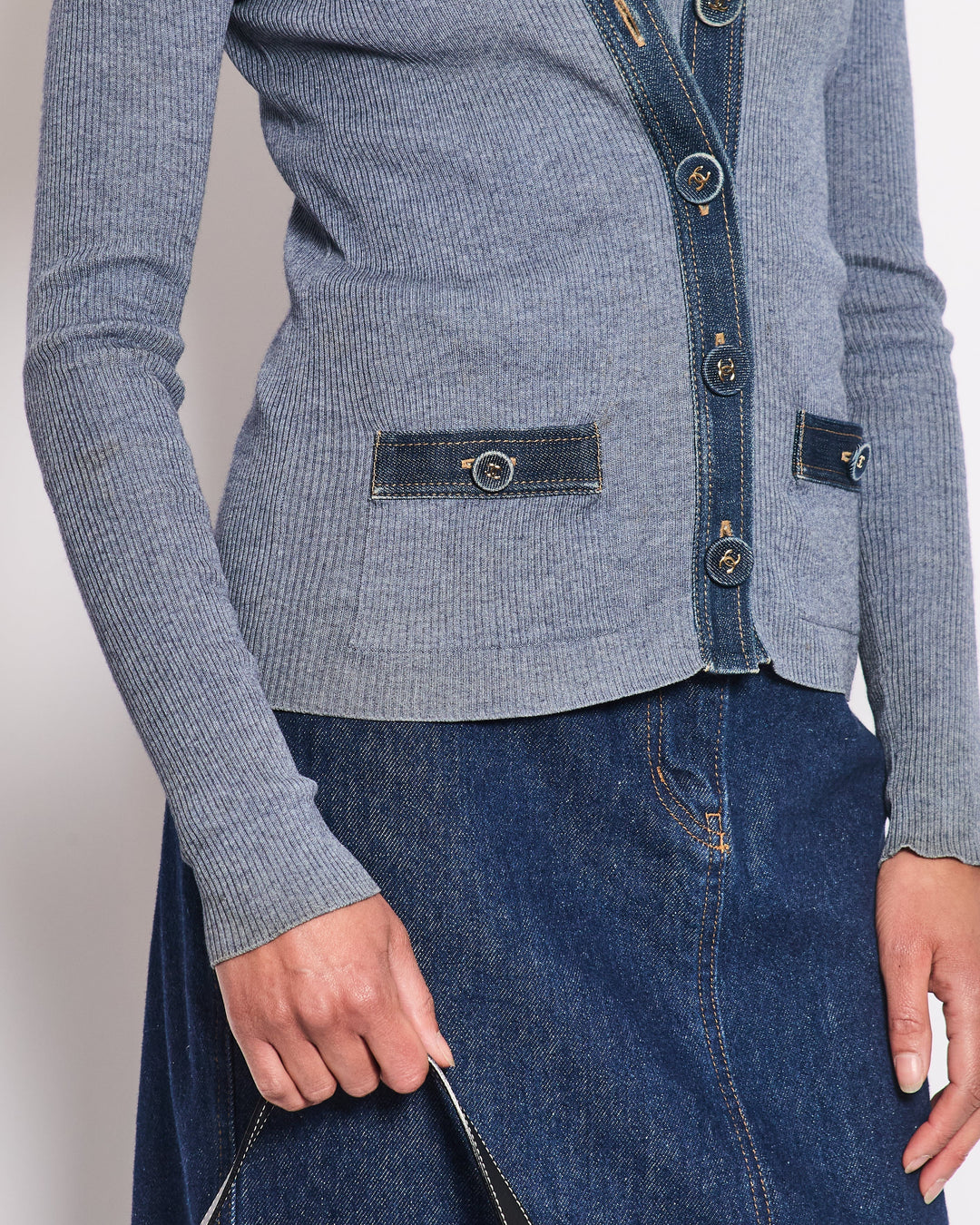 *HOT & RARE* Top Quality Chanel 07P Blue Sleeveless Top and igan Set with Denim Detail and CC Buttons Size FR 36/38 (UK 8/10)
