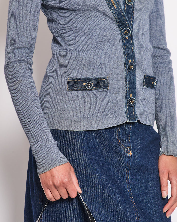 *HOT & RARE* Top Quality Chanel 07P Blue Sleeveless Top and igan Set with Denim Detail and CC Buttons Size FR 36/38 (UK 8/10)