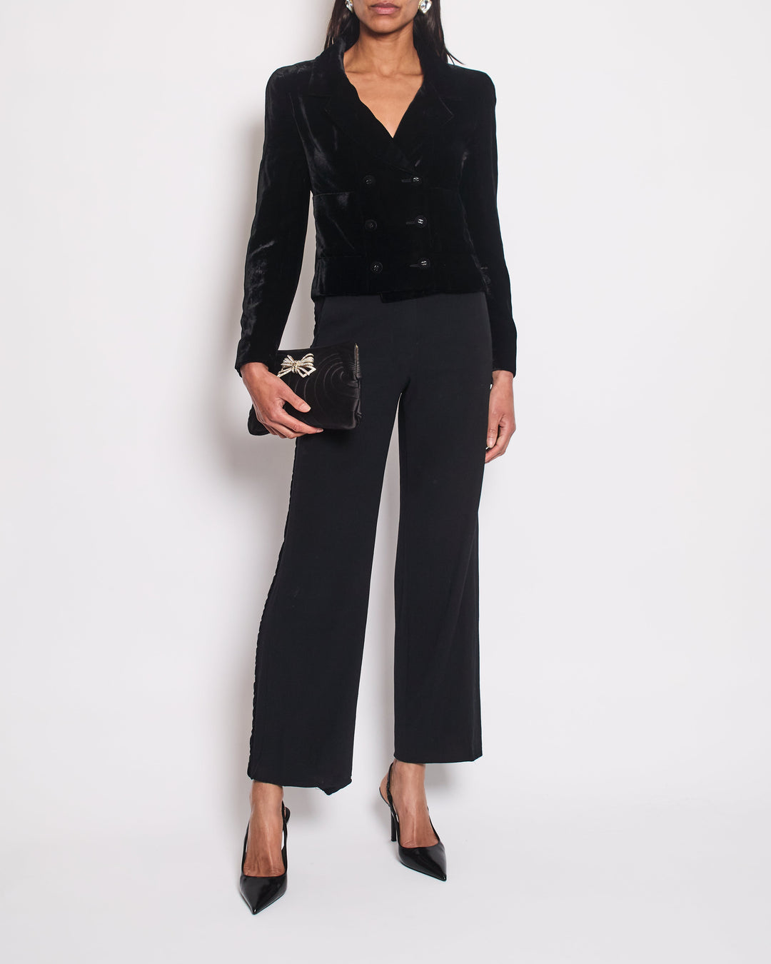 Top Quality Chanel Black Wide Leg Trousers With Velvet Side Trim Size FR 38 (UK 10)