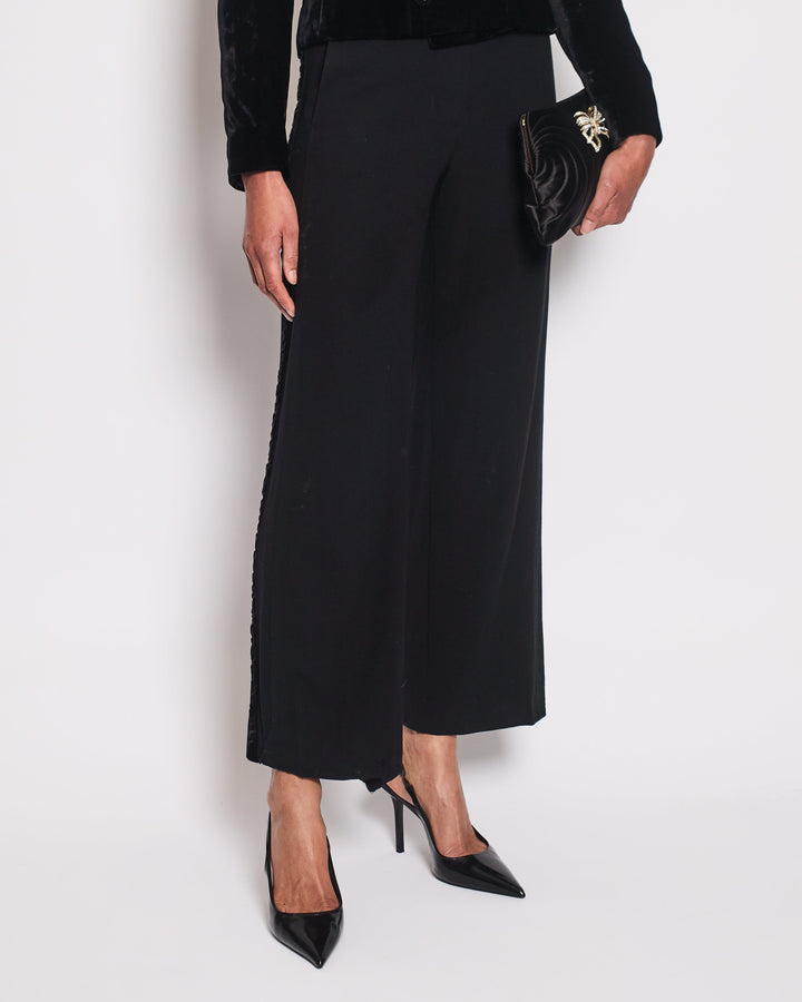 Top Quality Chanel Black Wide Leg Trousers With Velvet Side Trim Size FR 38 (UK 10)