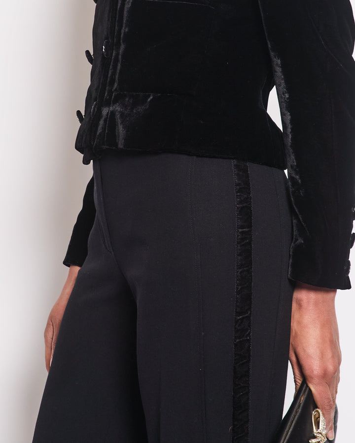 Top Quality Chanel Black Wide Leg Trousers With Velvet Side Trim Size FR 38 (UK 10)