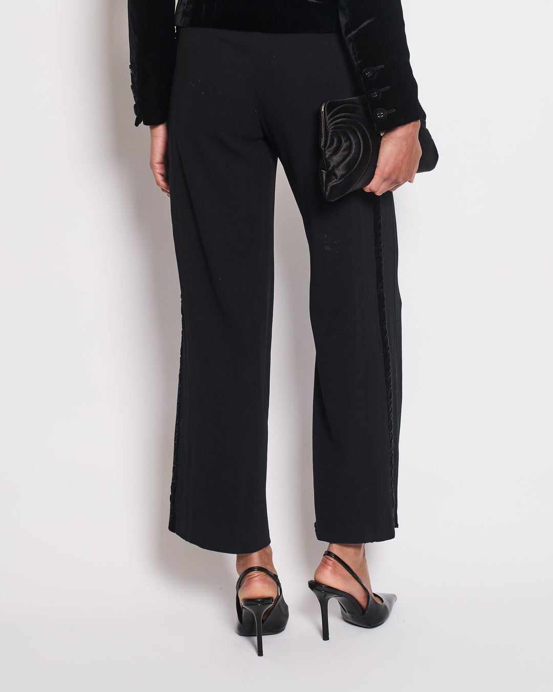 Top Quality Chanel Black Wide Leg Trousers With Velvet Side Trim Size FR 38 (UK 10)
