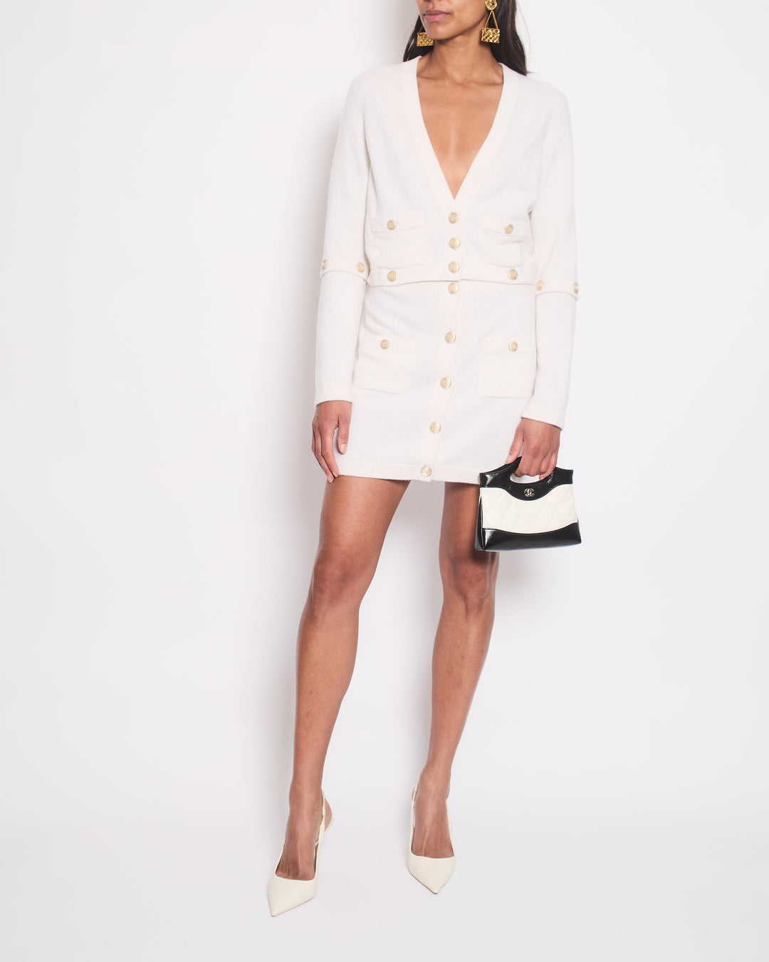 *HOT* Top Quality Chanel White Long-Line Cashmere Dress with Gold CC Buttons Detail Size FR 34 (UK 6)