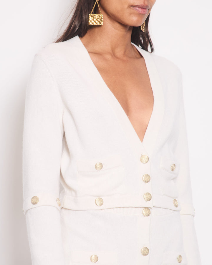 *HOT* Top Quality Chanel White Long-Line Cashmere Dress with Gold CC Buttons Detail Size FR 34 (UK 6)