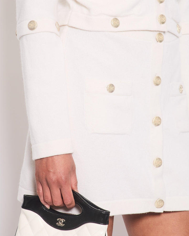 *HOT* Top Quality Chanel White Long-Line Cashmere Dress with Gold CC Buttons Detail Size FR 34 (UK 6)