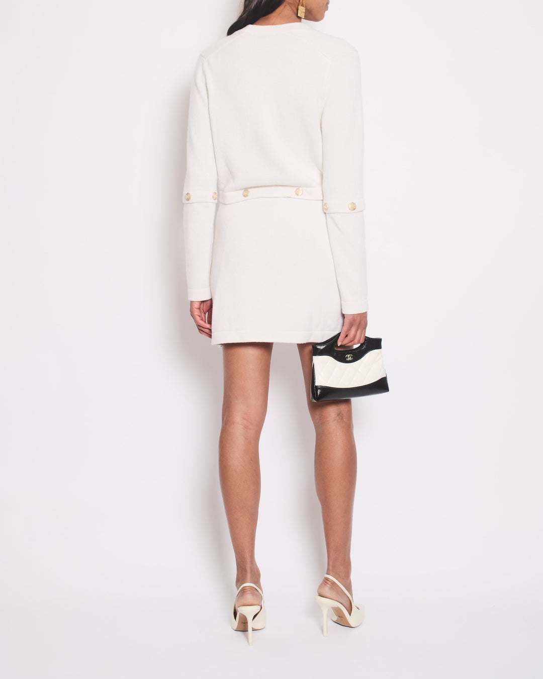 *HOT* Top Quality Chanel White Long-Line Cashmere Dress with Gold CC Buttons Detail Size FR 34 (UK 6)