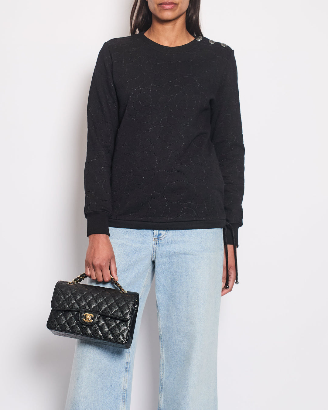 Top Quality Chanel Black Jumper with Camelia Detail and Silver CC Buttons Size FR 34 (UK 6)
