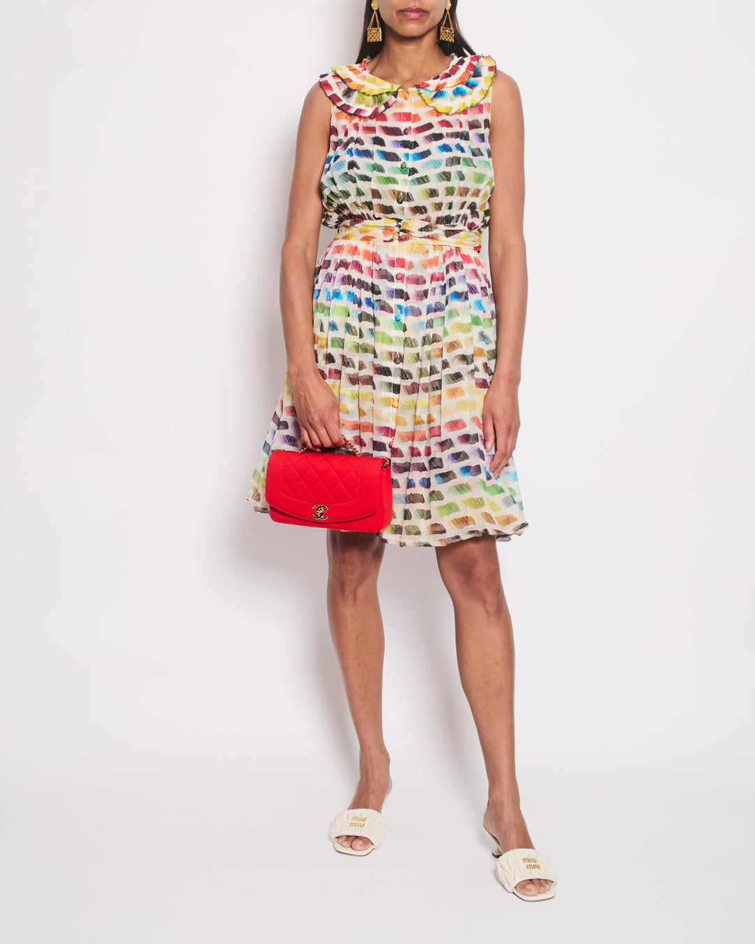 Top Quality Chanel 2014 Runway Multicolour Pleated Sleeveless Dress with Pleated Collar and Belt Detail Size FR 36 (UK 8)