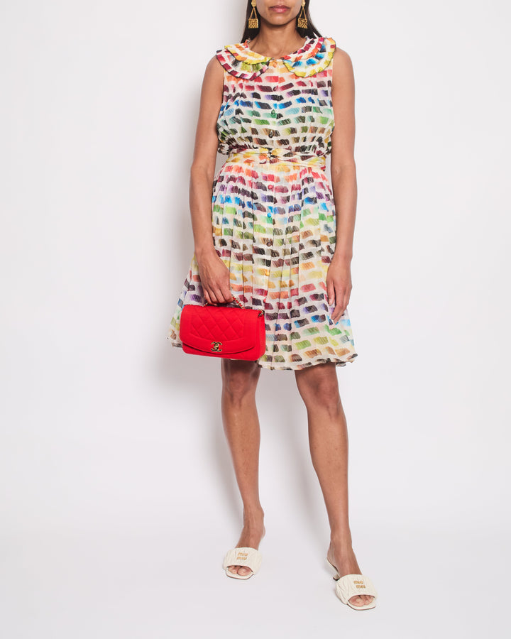 Top Quality Chanel 2014 Runway Multicolour Pleated Sleeveless Dress with Pleated Collar and Belt Detail Size FR 36 (UK 8)