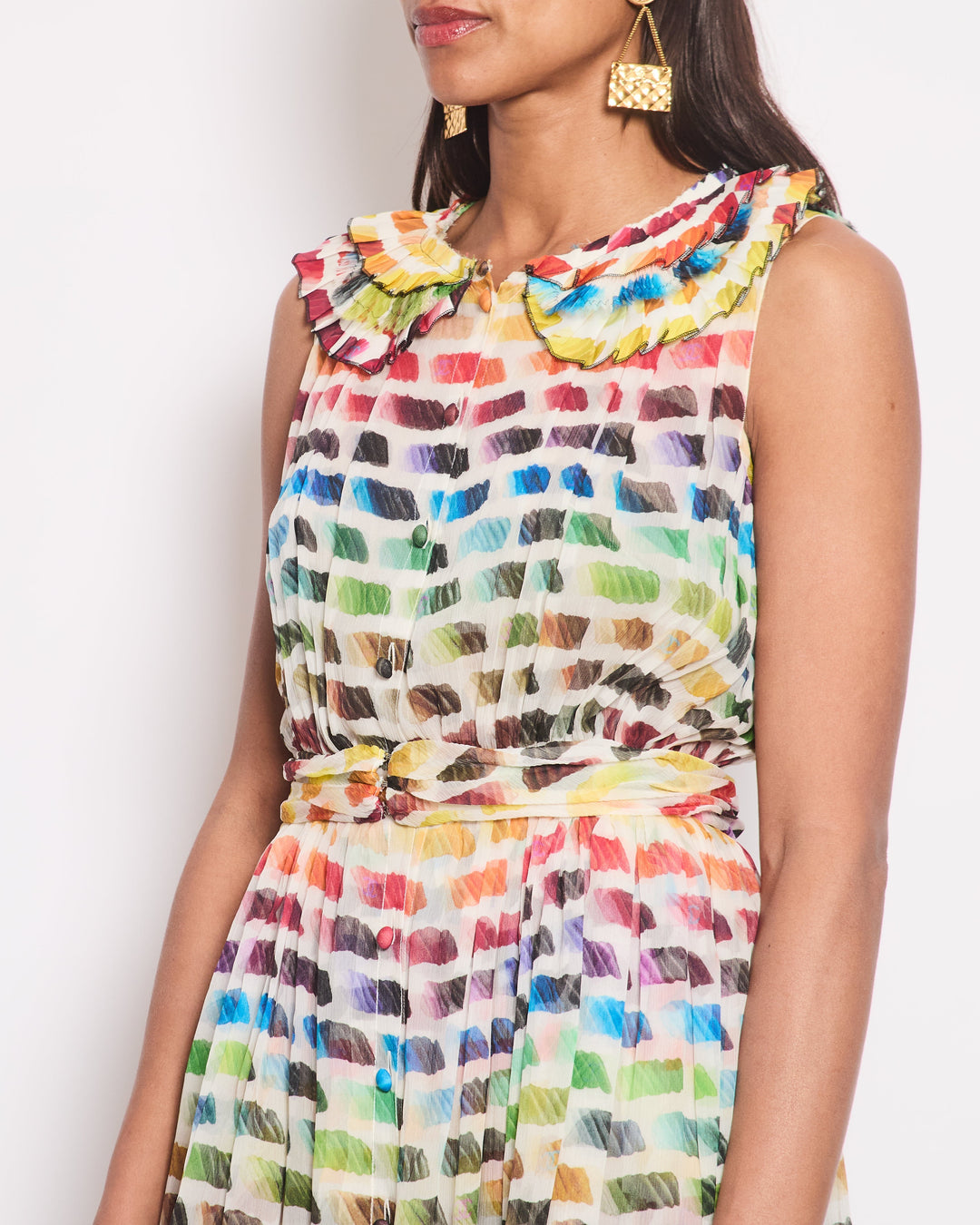 Top Quality Chanel 2014 Runway Multicolour Pleated Sleeveless Dress with Pleated Collar and Belt Detail Size FR 36 (UK 8)