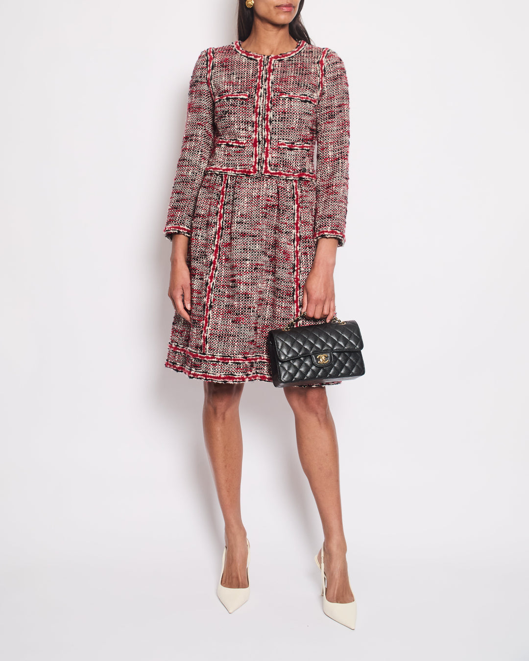 *HOT* Top Quality Chanel Red, White & Black Tweed Wool Long Sleeve Midi Dress with Pocket Detail Size FR 38 (UK 10)