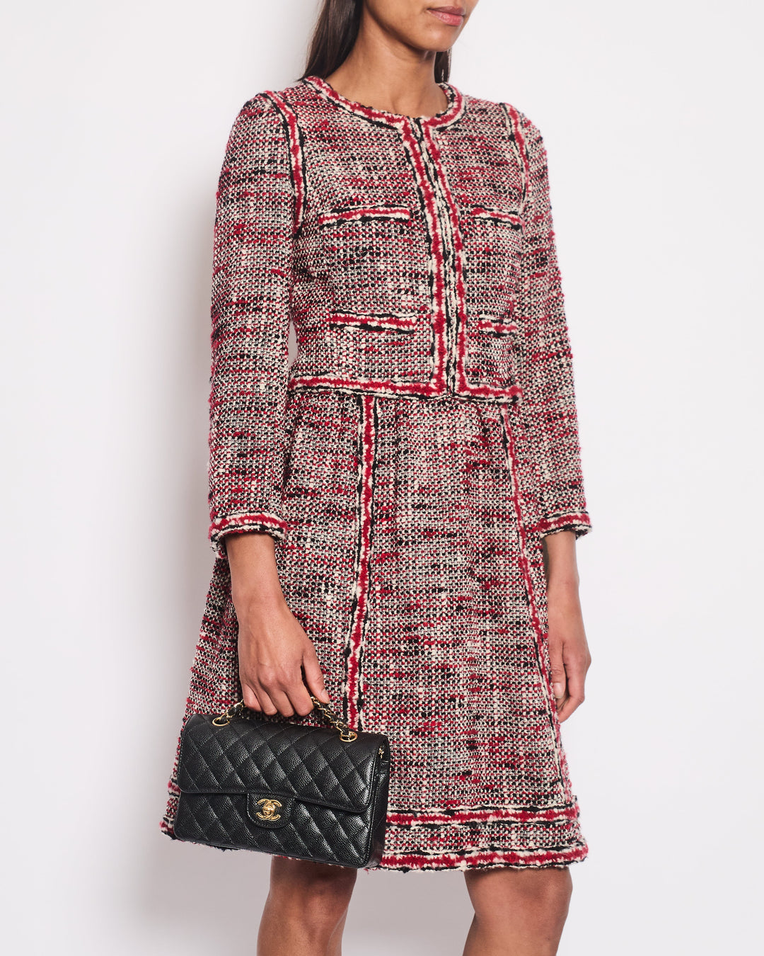 *HOT* Top Quality Chanel Red, White & Black Tweed Wool Long Sleeve Midi Dress with Pocket Detail Size FR 38 (UK 10)