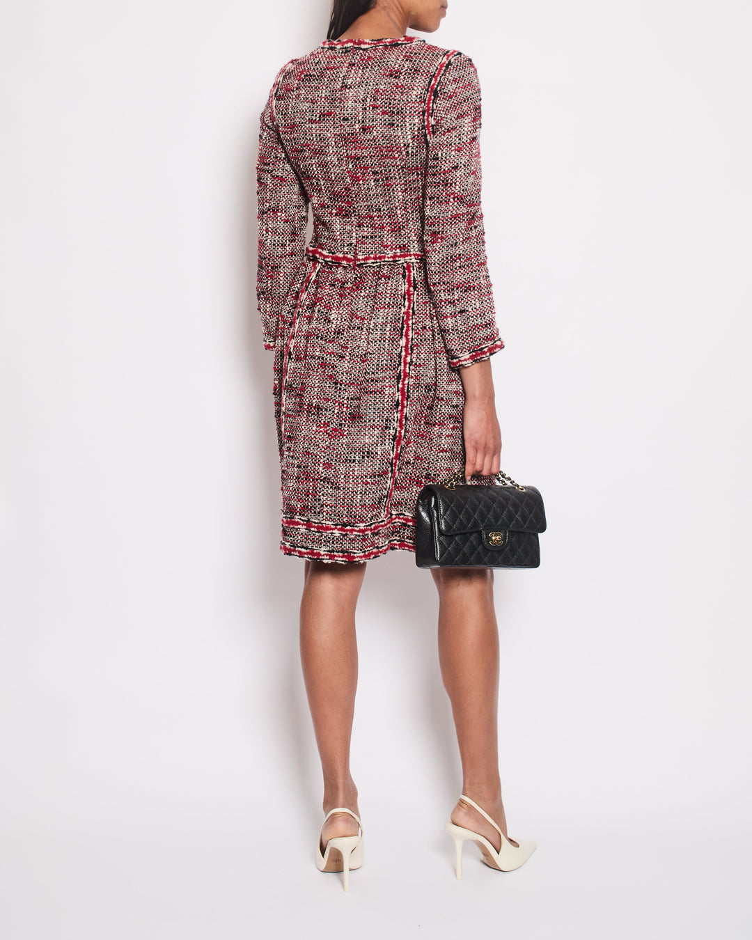 *HOT* Top Quality Chanel Red, White & Black Tweed Wool Long Sleeve Midi Dress with Pocket Detail Size FR 38 (UK 10)