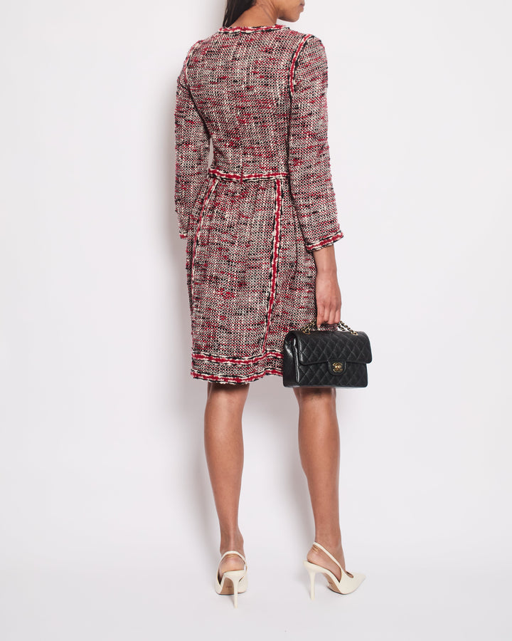 *HOT* Top Quality Chanel Red, White & Black Tweed Wool Long Sleeve Midi Dress with Pocket Detail Size FR 38 (UK 10)