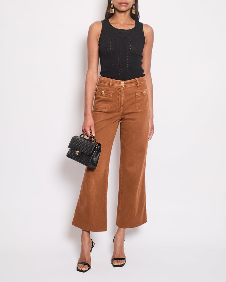 Top Quality Chanel Rust Brown Denim Wide Leg Jeans With Embellished Button Details Size FR 36 (UK 8)