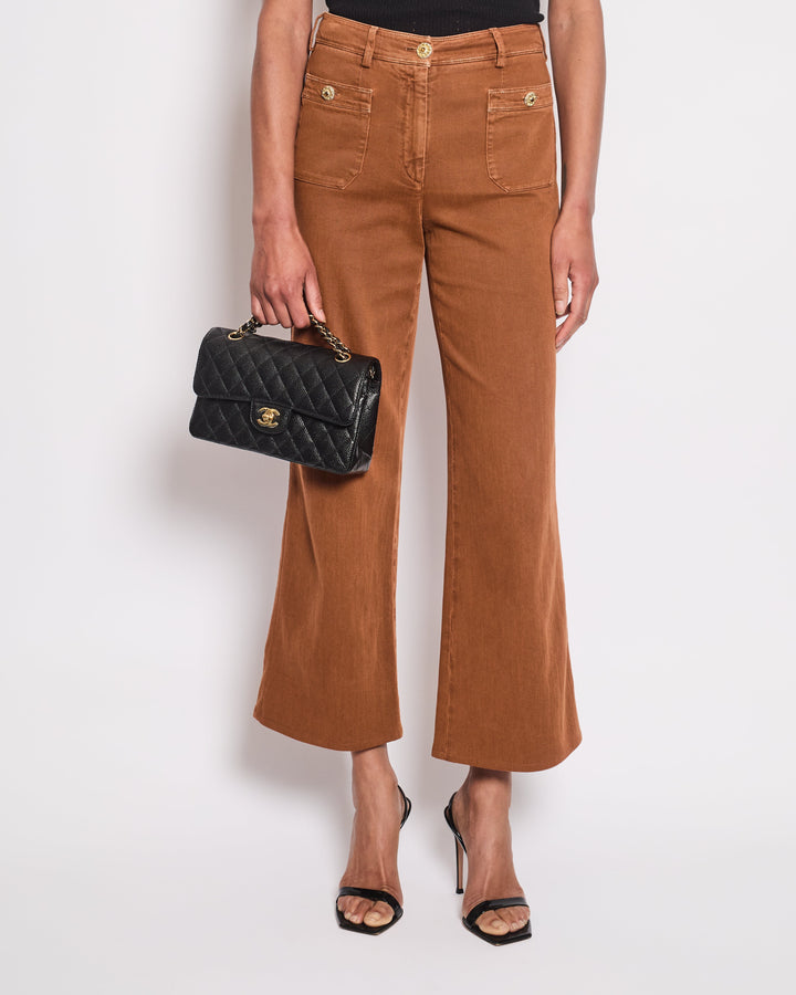 Top Quality Chanel Rust Brown Denim Wide Leg Jeans With Embellished Button Details Size FR 36 (UK 8)