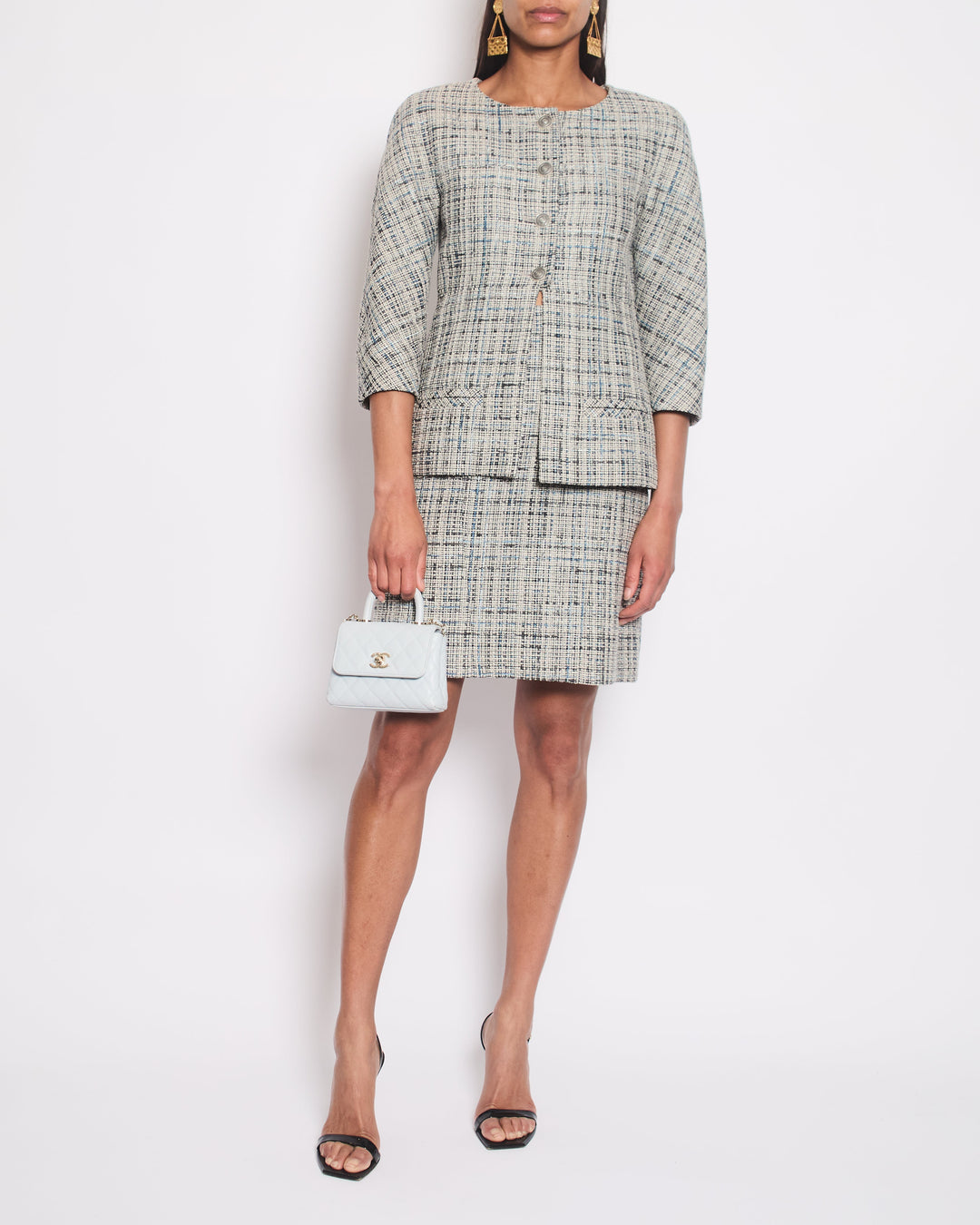 Top Quality Chanel Grey and Blue Striped Tweed Jacket & Skirt Set with CC Logo Button Details Size FR 36 (UK 8)