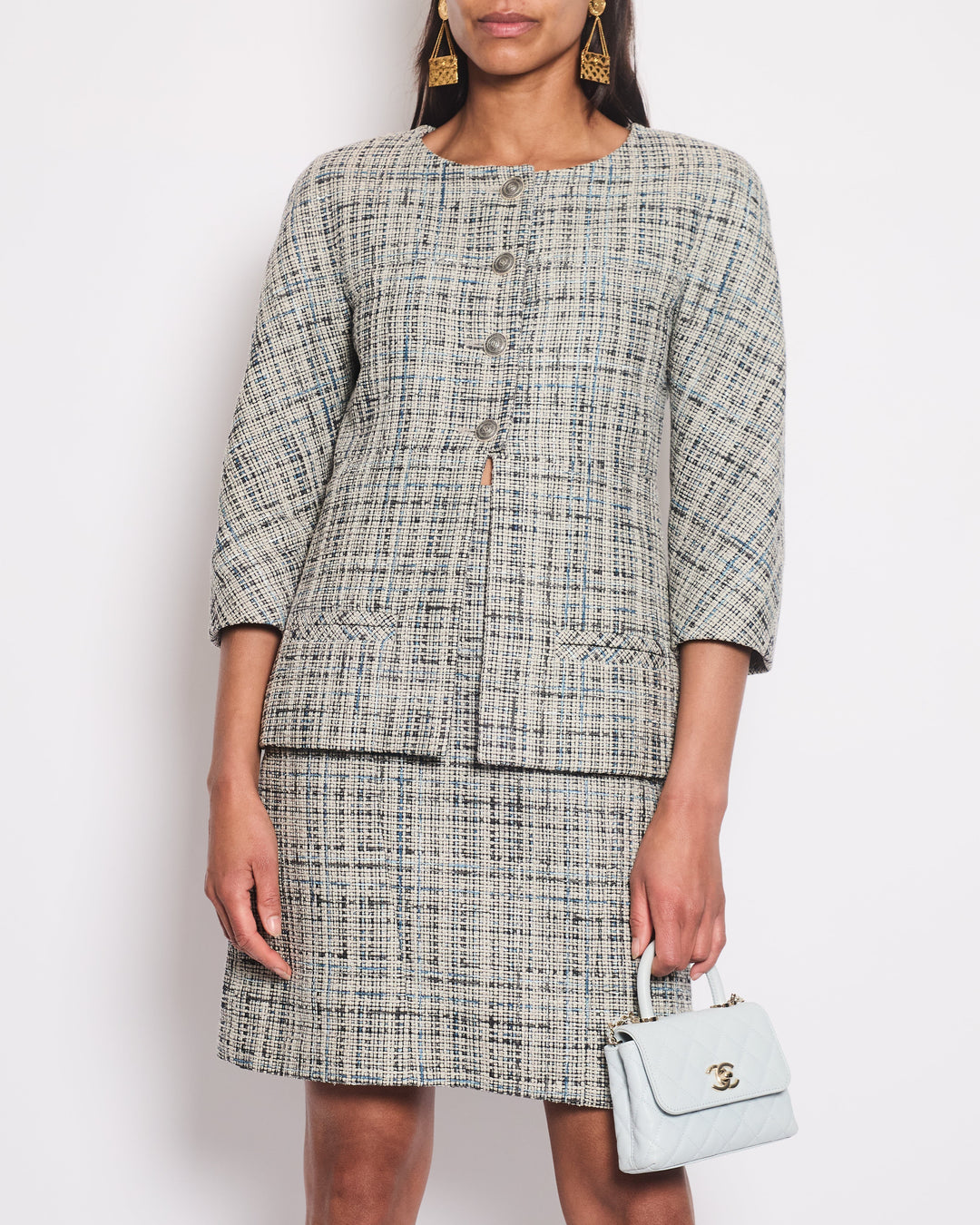 Top Quality Chanel Grey and Blue Striped Tweed Jacket & Skirt Set with CC Logo Button Details Size FR 36 (UK 8)