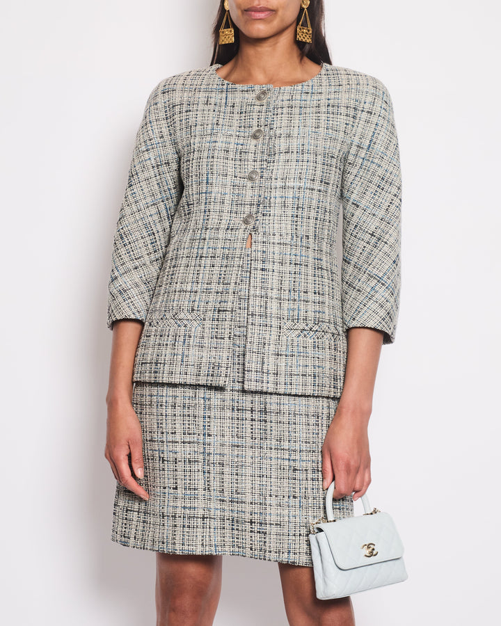 Top Quality Chanel Grey and Blue Striped Tweed Jacket & Skirt Set with CC Logo Button Details Size FR 36 (UK 8)